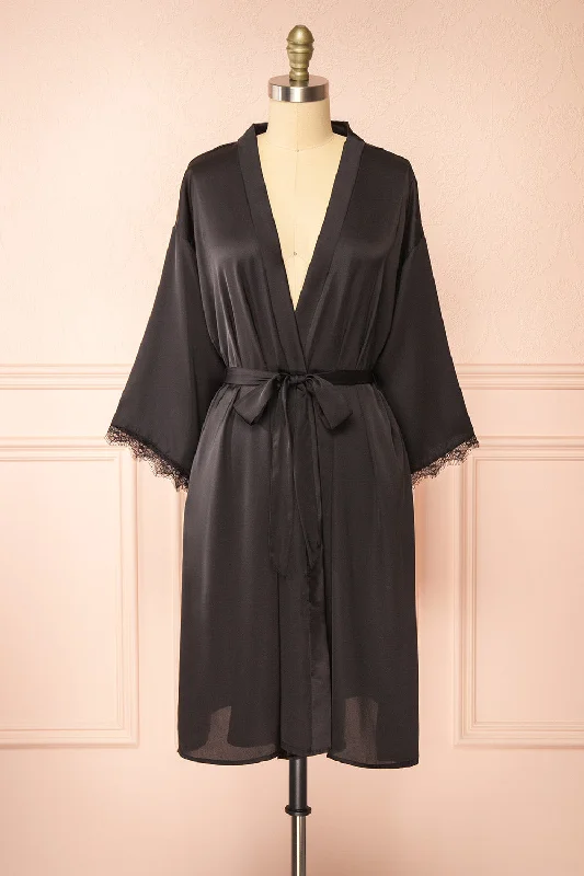 Sexy Lingerie for Women with Stockings Lyvia Black | Satin Kimono w/ Lace
