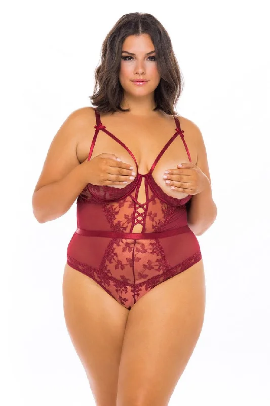 Women's Tummy Control Lingerie Curvy Kira Embroidered Open Cup Teddy