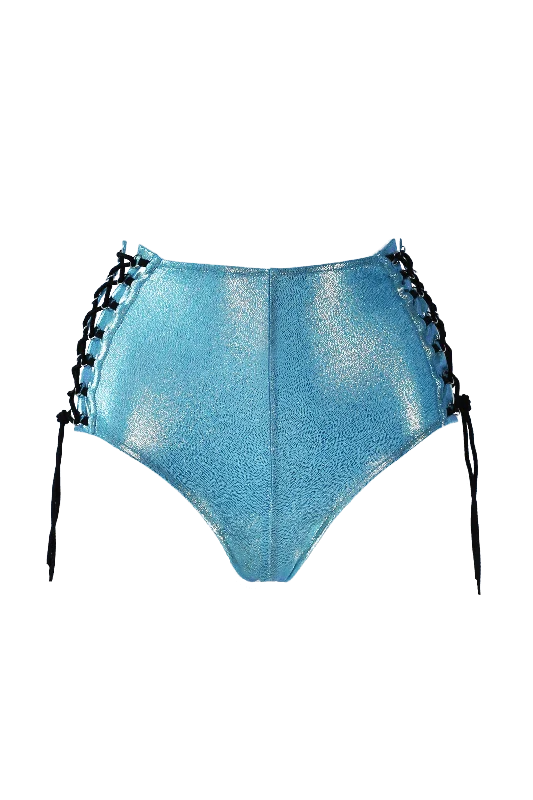 Vintage Inspired Lingerie for Women HIGH-WAISTED Lace-up Hot-Pant Bottoms - TURQ/AQUA Hologram Vintage Inspired Lingerie for Women HIGH-WAISTED Lace-up Hot-Pant Bottoms - TURQ/AQUA Hologram