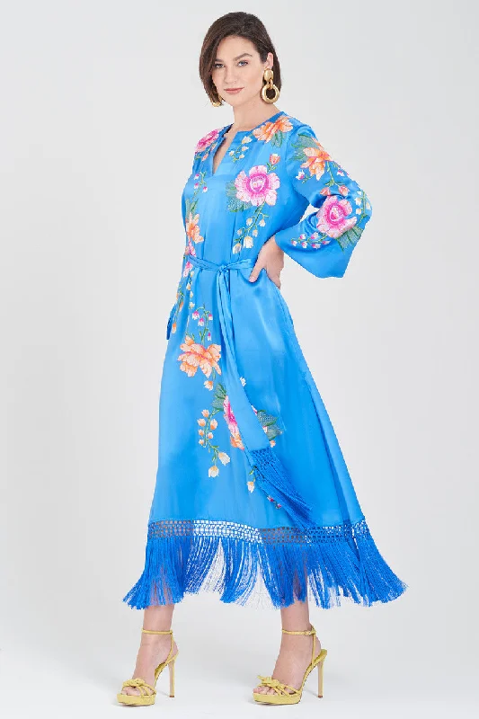 Breathable Bamboo Lingerie for Women Couture Hanabi Embroidered Fringe Silk Caftan