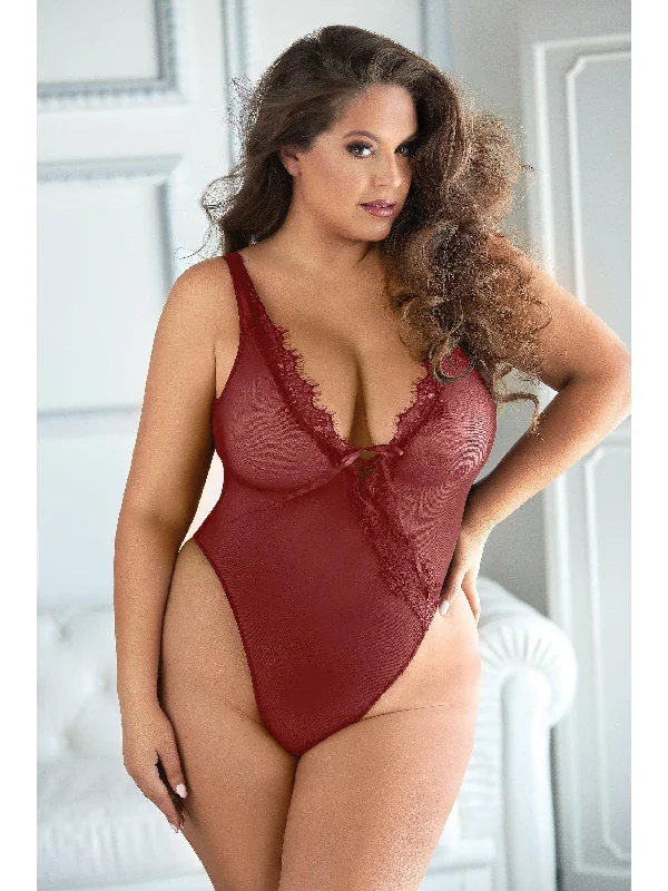 Women's Satin Sleepwear Lingerie Leilani Mesh & Eyelash Lace Open Teddy - 1X/2X