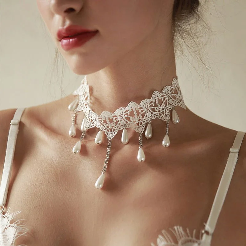 Women's Lingerie with Matching Robes White Gothic Silver Plated Choker with Diamond Drops