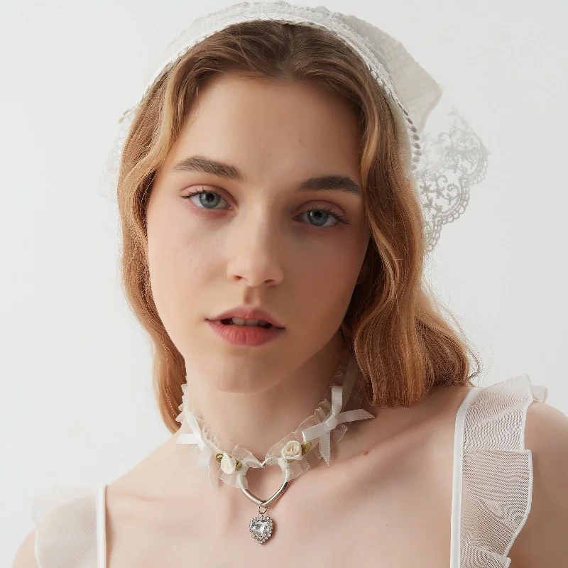 Women's Bridal Lingerie Collection Delicate Floral Ribbon Choker with Heart Pendant