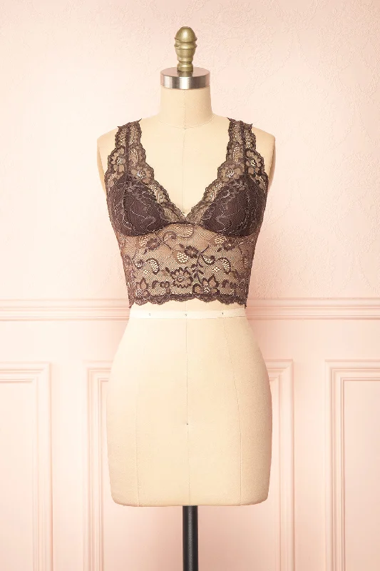 Women's Bridal Lingerie Collection Zerline Brown | Floral Lace Bralette w/ Silver Detailing