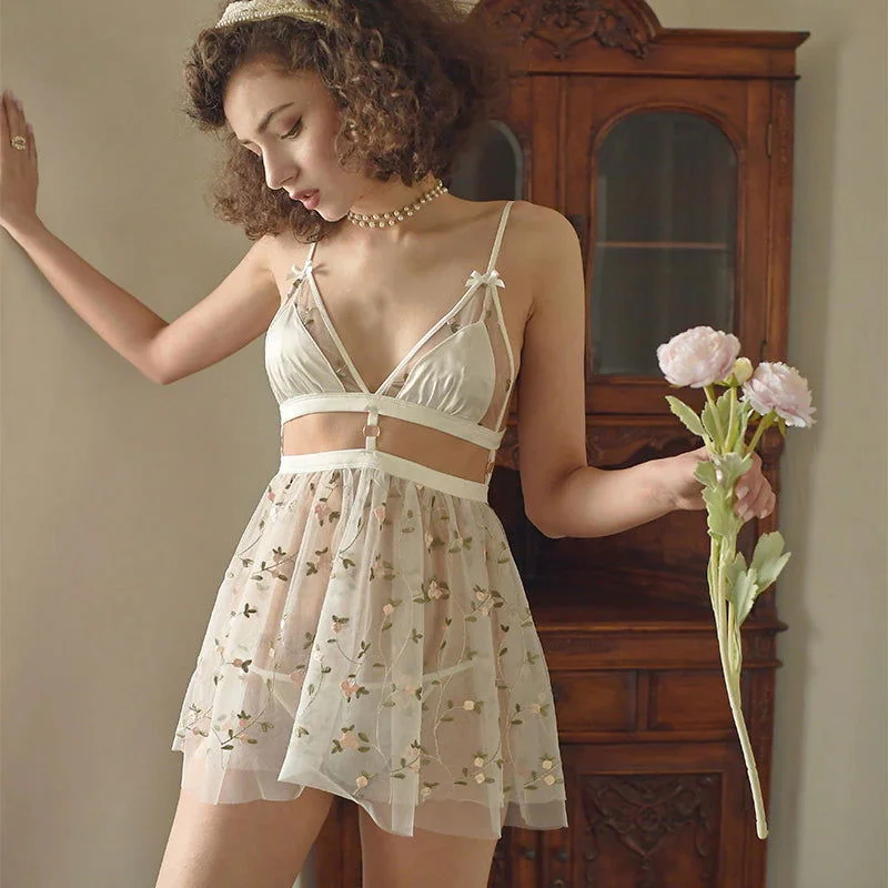 Affordable Lingerie for Women White Mesh See through with Embroidery Nightwear