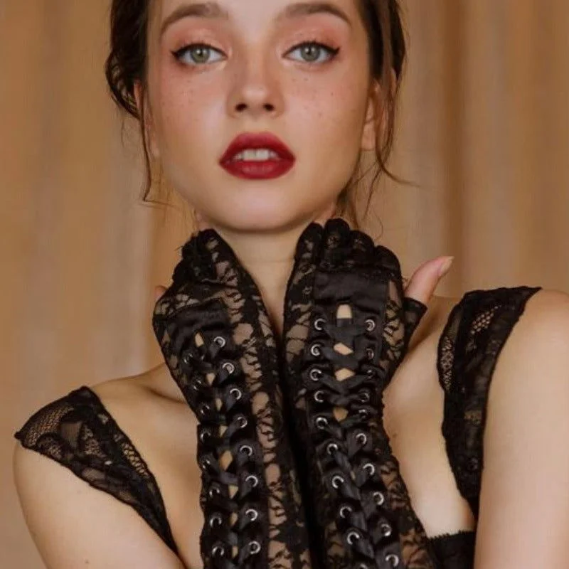 Elegant French Lace Lingerie for Women Black Laceup Strap Fingerless Babydoll Gloves