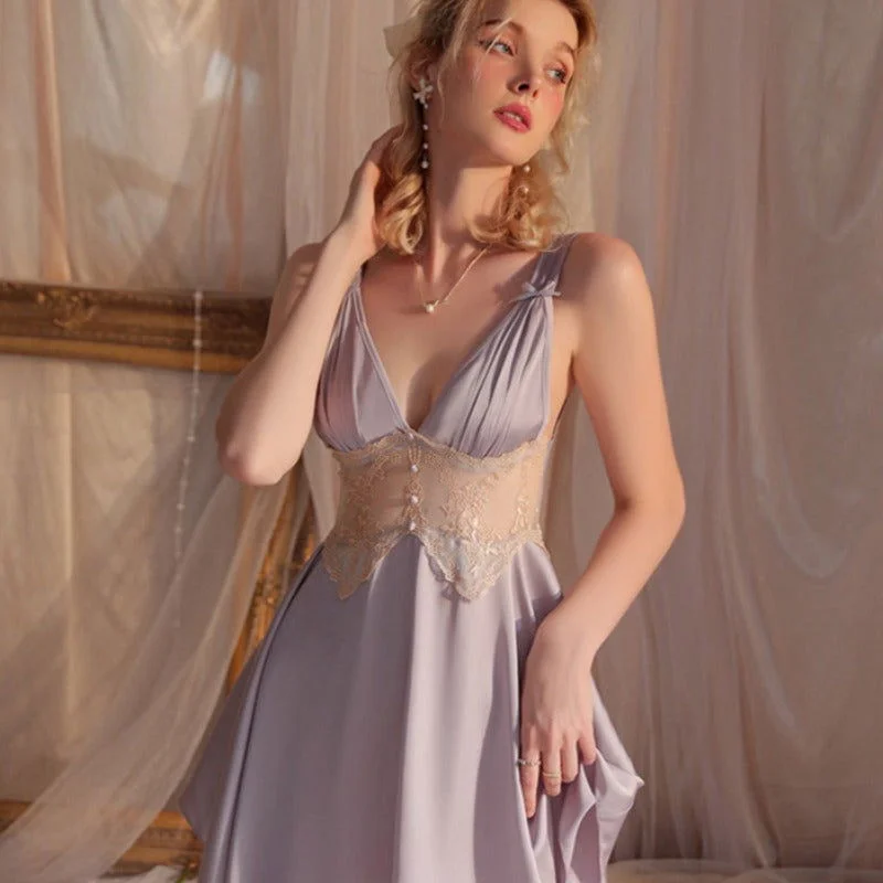 Elegant French Lace Lingerie for Women Muted Grey Silky Loose Nightgown with Lace detail Elegant French Lace Lingerie for Women Muted Grey Silky Loose Nightgown with Lace detail