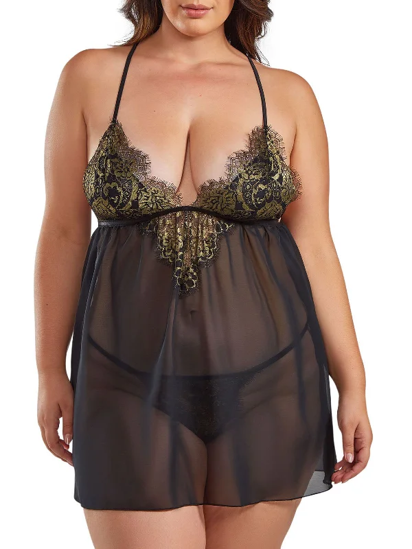 Breathable Bamboo Lingerie for Women Women's Plus Size Plunging Lace Mesh Babydoll Lingerie Set Lingerie
