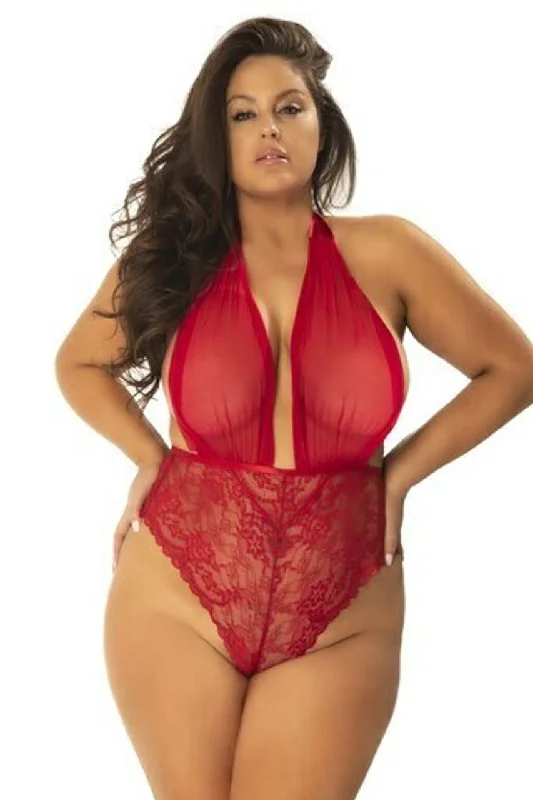 Women's High Waist Lingerie Bodysuits Curvy Aria Sheer Plunge Halter Teddy
