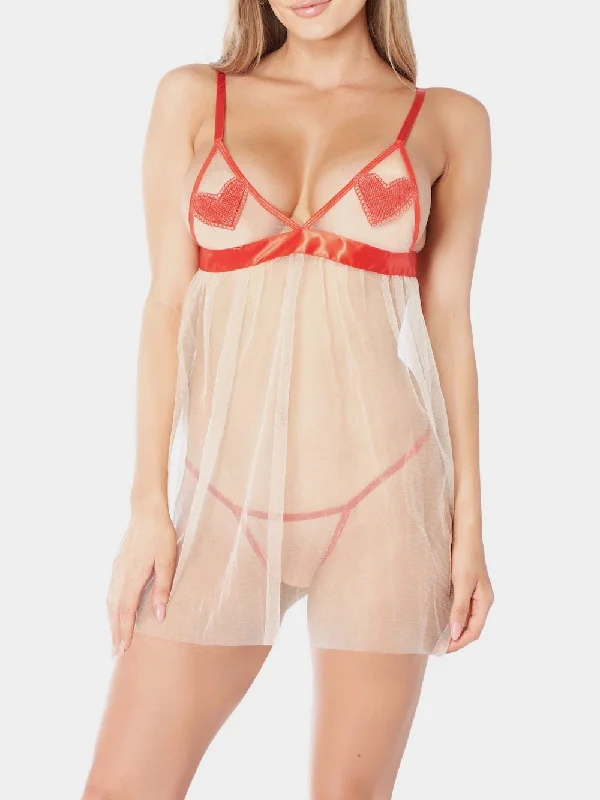 Women's Everyday Wear Lingerie Soft Cup Mesh Babydoll G String Set