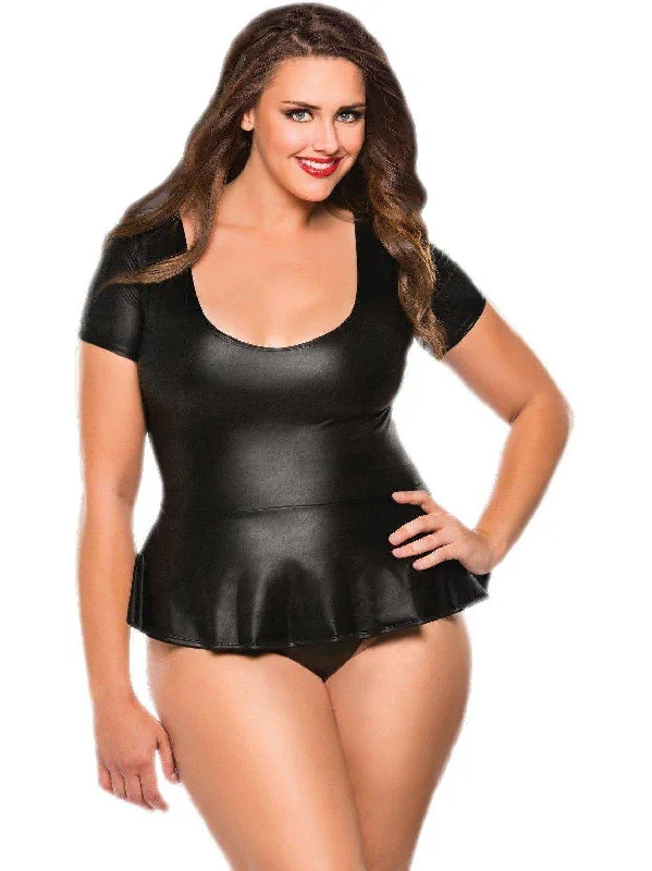 Women's Thermal Lingerie for Cold Weather Peplum Top & G-String, Very huggable in ultra soft faux leather in Black, or Red Women's Thermal Lingerie for Cold Weather Peplum Top & G-String, Very huggable in ultra soft faux leather in Black, or Red