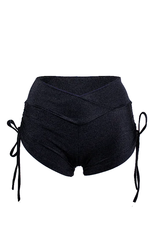 Women's Sheer Lingerie Nightgowns Drawstring side Shorts Scrunch Back / SHORTS V / Black