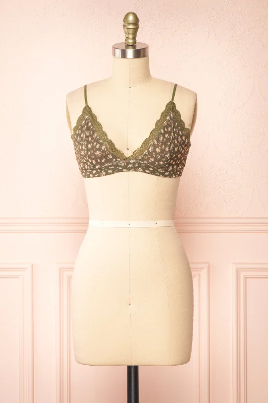 Designer Lingerie Sets for Women Distyle Green | Floral Mesh Bralette w/ Lace
