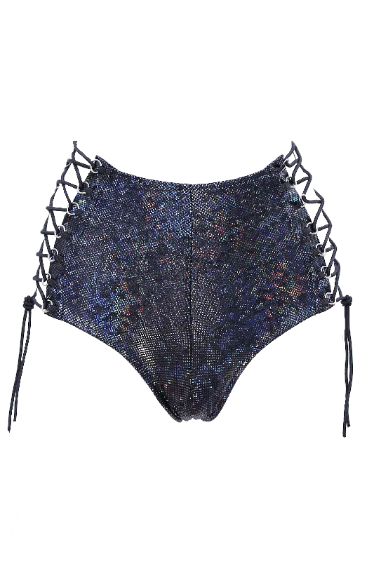 Women's Sheer Lingerie Nightgowns HIGH-WAIST Lace-up Bottom /  BLACK Hologram
