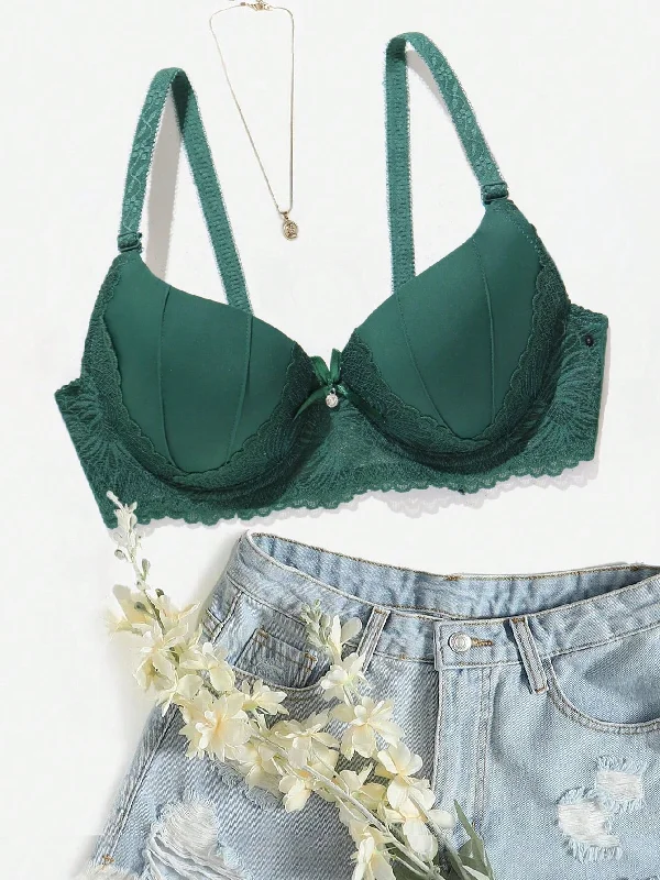 Women's Corset Style Lingerie 1pc Women's Thick Padded Lace Bra With Underwire And Side Support, Green