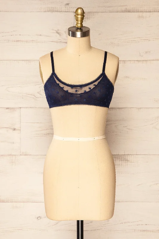 Women's Silk Lingerie Sets Amerikana Navy | Mesh Bralette w/ Embroidered Stars