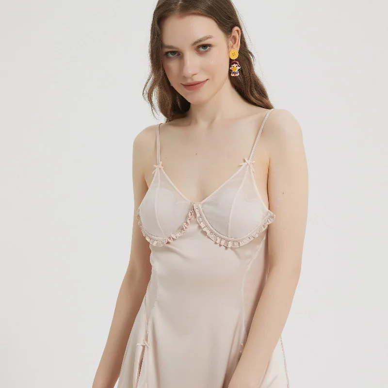 Women's Bridal Lingerie Collection Cream Mesh Panel Babydoll with Ruffle Accents