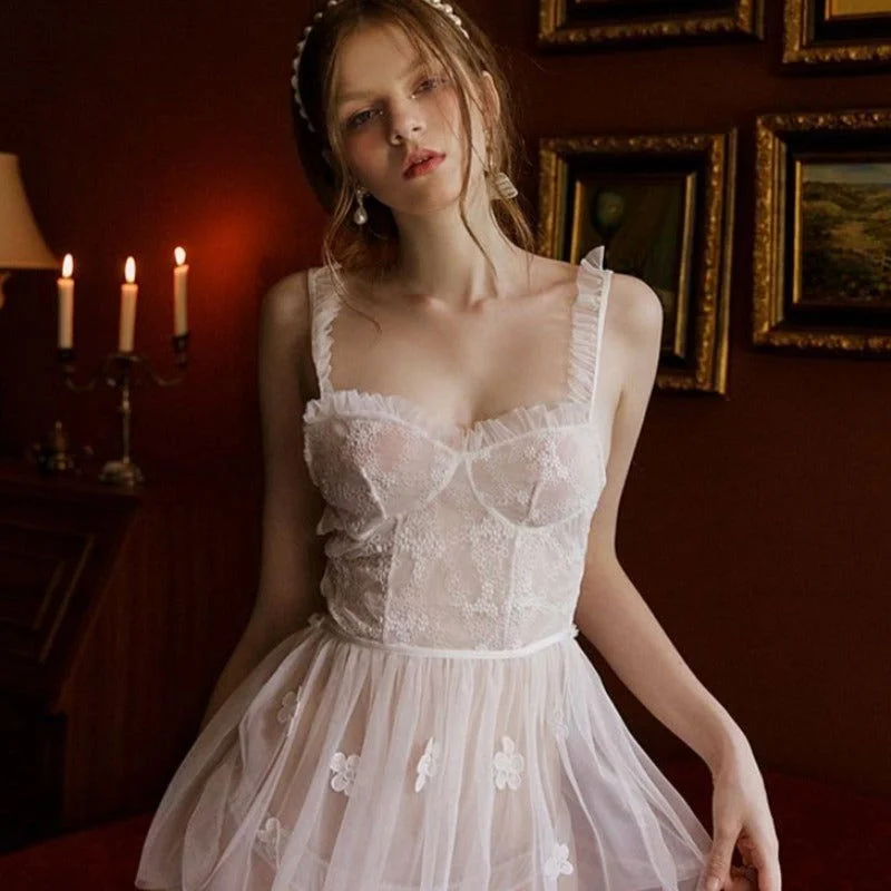Women's Thermal Lingerie for Cold Weather White Mesh Floral Maid Lingerie