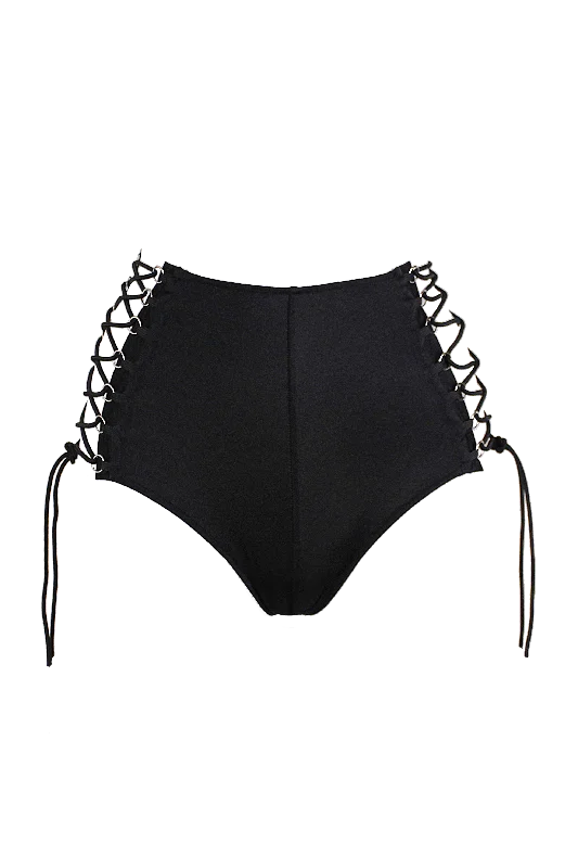 Vintage Inspired Lingerie for Women High Waisted Lace-up Hot-Pant / High-Cut cheeky Panties / BLACK