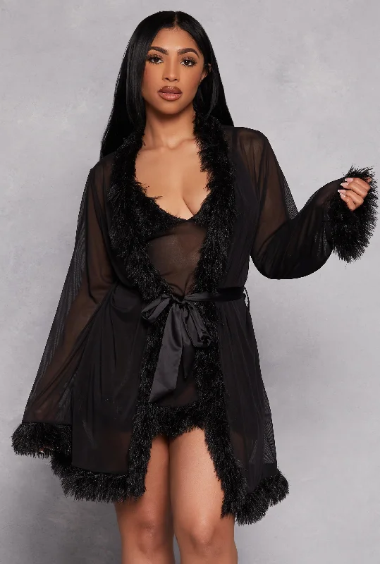 Women's Shapewear Lingerie Sets  Feather Trim Robe