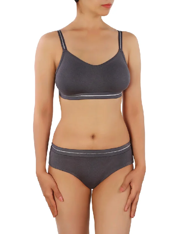 high waisted panty women bra and panty sets for tummy control LOSHA DOUBLE LAYERED COTTON WIREFREE BRA WITH MATCHING PANTY -GREY high waisted panty women bra and panty sets for tummy control LOSHA DOUBLE LAYERED COTTON WIREFREE BRA WITH MATCHING PANTY -GREY