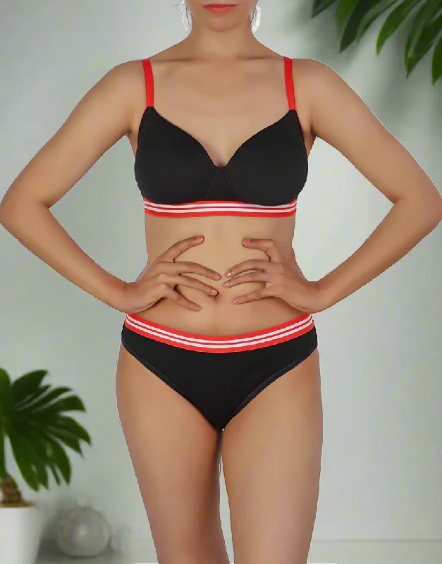 convertible women bra and panty sets with removable straps LOSHA LIGHTLY PADDED NON WIRED TSHIRT BRA WITH MATCHING PANTY-BLACK