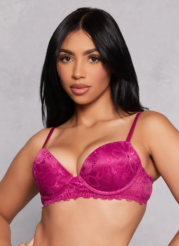 Women's Satin Sleepwear Lingerie  Solid Floral Lace Plunge Bra