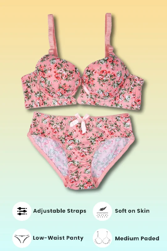 convertible women bra and panty sets with removable straps Pink Floral Padded Set