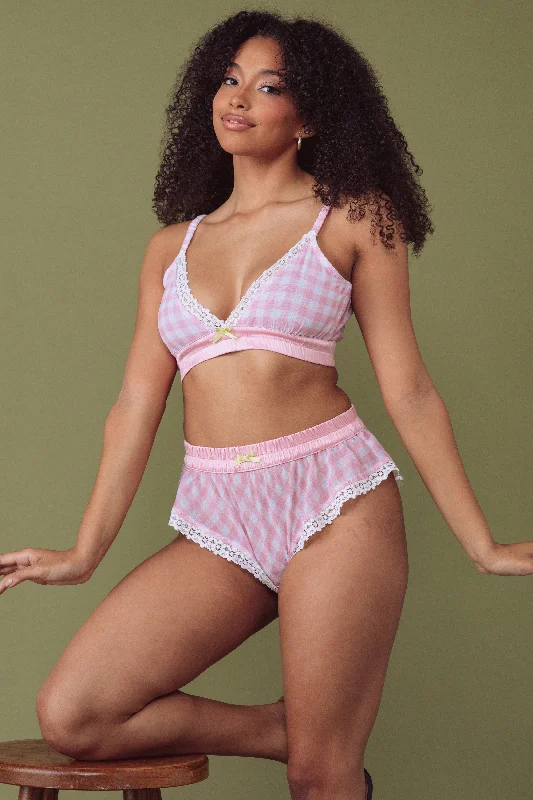 Lightly padded non wired bras for sensitive skin​ Pink Gingham Triangle Bralette