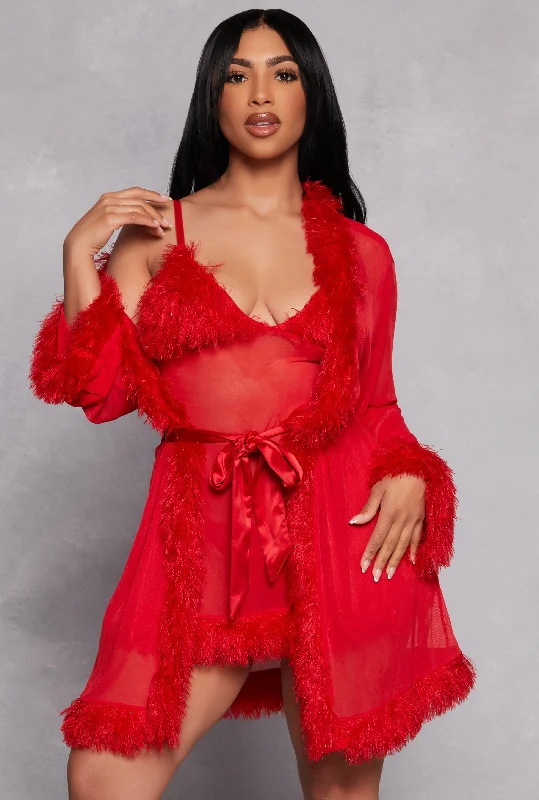 Plus Size Lace Lingerie for Women  Feather Trim Mesh Robe