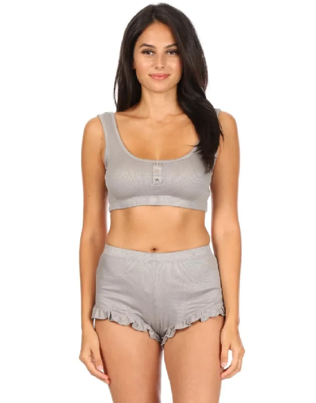 push up plus size women bra and panty sets RIBBED BRALETTE AND SHORT SET- GREY
