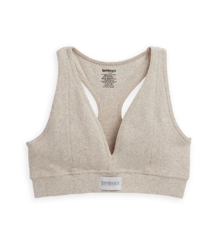 supportive sports bras for running Organic Cotton Rib Plunge Bra - Oatmeal