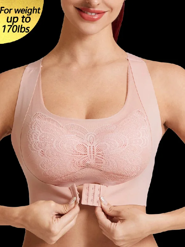 Bra with wide straps for added comfort and weight distribution Butterfly Lace Front Closure Back Criss Cross Bras with Removable Pad Bra with wide straps for added comfort and weight distribution Butterfly Lace Front Closure Back Criss Cross Bras with Removable Pad
