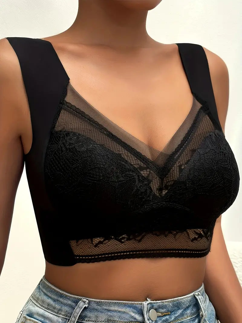 Bra with a half - cup design for a sexy and minimalist look Contrast Lace Wireless Bra, Soft & Comfortable Tank Bra, Women's Lingerie & Underwear Black Bra with a half - cup design for a sexy and minimalist look Contrast Lace Wireless Bra, Soft & Comfortable Tank Bra, Women's Lingerie & Underwear Black