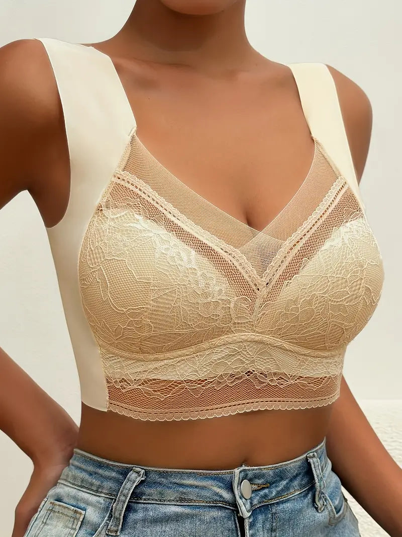 Bra with a non - padded cup for a natural feel Contrast Lace Wireless Bra, Soft & Comfortable Tank Bra, Women's Lingerie & Underwear Bra with a non - padded cup for a natural feel Contrast Lace Wireless Bra, Soft & Comfortable Tank Bra, Women's Lingerie & Underwear