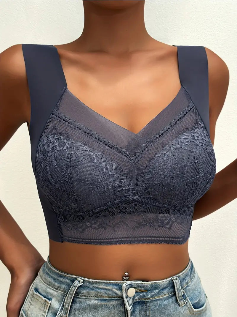 Bra with a plus - size underwire for enhanced support Contrast Lace Wireless Bra, Soft & Comfortable Tank Bra, Women's Lingerie & Underwear Navy Bra with a plus - size underwire for enhanced support Contrast Lace Wireless Bra, Soft & Comfortable Tank Bra, Women's Lingerie & Underwear Navy