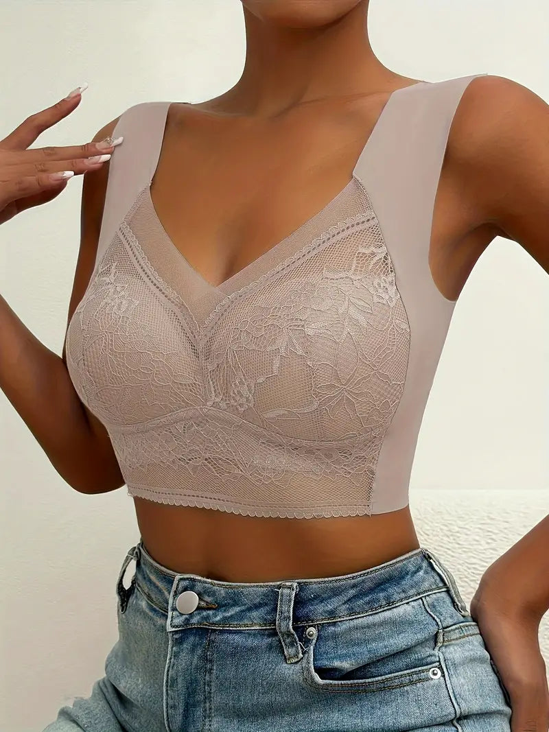 Bra with a push - up memory foam cup for enhanced cleavage Contrast Lace Wireless Bra, Soft & Comfortable Tank Bra, Women's Lingerie & Underwear Pink Bra with a push - up memory foam cup for enhanced cleavage Contrast Lace Wireless Bra, Soft & Comfortable Tank Bra, Women's Lingerie & Underwear Pink