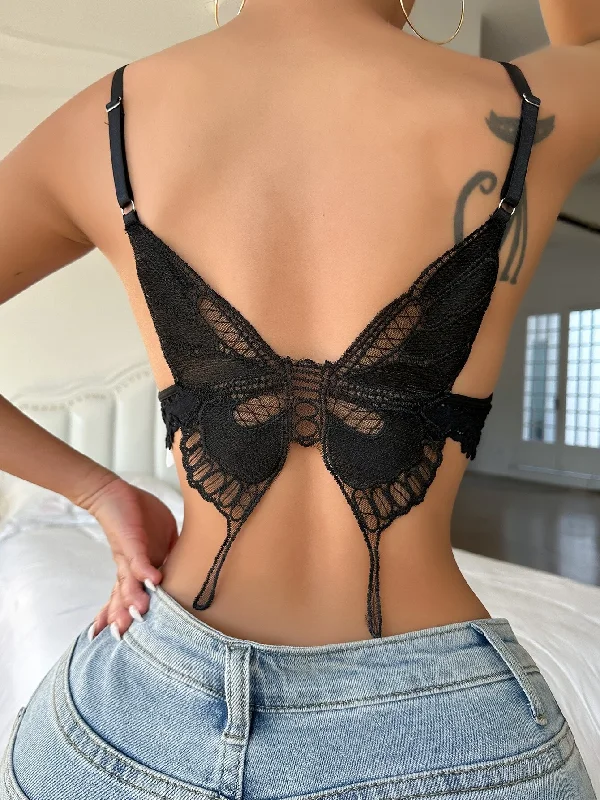 Bra with a plus - size wireless option for comfort Butterfly Shaped Detail Bow Front Lace Bralette Black Bra with a plus - size wireless option for comfort Butterfly Shaped Detail Bow Front Lace Bralette Black