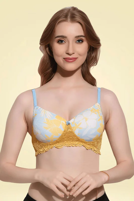 Polyester bras with moisture - wicking properties FIMS Fashion Padded Non-Wired Full Cup Floral Print Lace bra Yellow Color Polyester bras with moisture - wicking properties FIMS Fashion Padded Non-Wired Full Cup Floral Print Lace bra Yellow Color