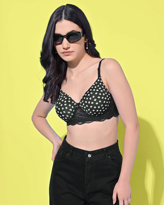 Bra with anti - bacterial properties for a hygienic fit FIMS Fashion Padded Non-Wired Full Cup Polka Dot Print bra Black Color Bra with anti - bacterial properties for a hygienic fit FIMS Fashion Padded Non-Wired Full Cup Polka Dot Print bra Black Color