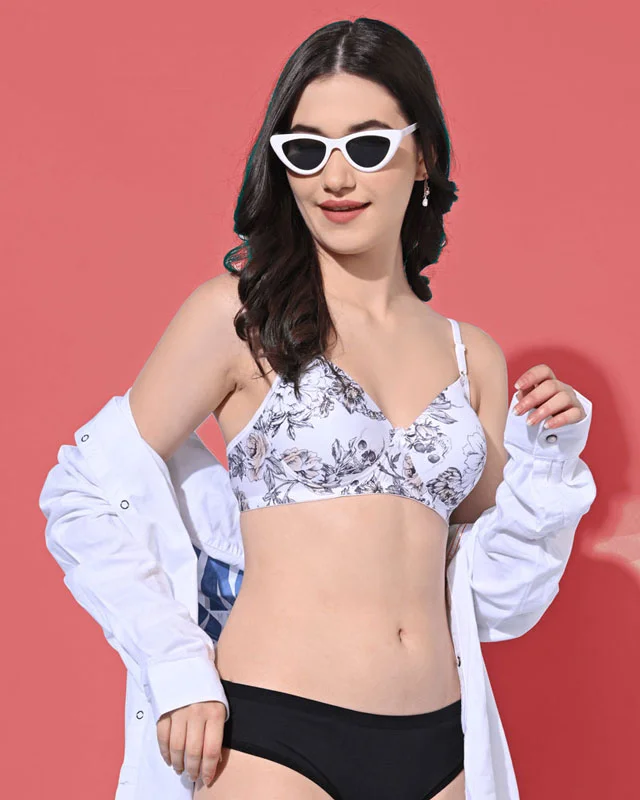 Lace bras for a feminine and elegant touch FIMS Fashion Padded Non-Wired Full Cup Floral & Skeleton Print bra White Colour Lace bras for a feminine and elegant touch FIMS Fashion Padded Non-Wired Full Cup Floral & Skeleton Print bra White Colour