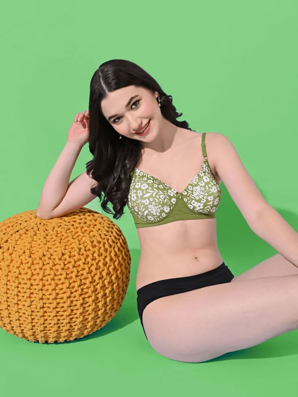 Bra with a wire - free band for a more comfortable underbust area FIMS Fashion Padded Non-Wired Full Cup Floral Print bra Green Colour Bra with a wire - free band for a more comfortable underbust area FIMS Fashion Padded Non-Wired Full Cup Floral Print bra Green Colour