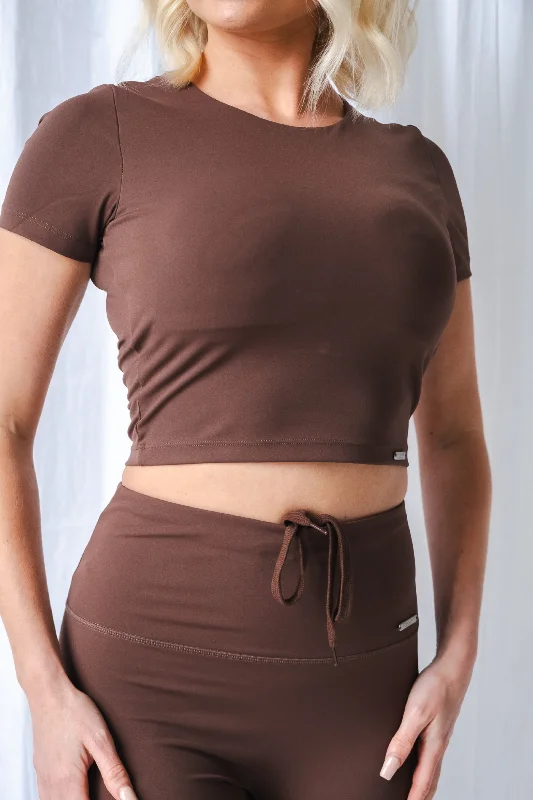 Underwire bras for enhanced support and shaping Cropped Built In Bra Short Sleeved Top Chocolate Underwire bras for enhanced support and shaping Cropped Built In Bra Short Sleeved Top Chocolate