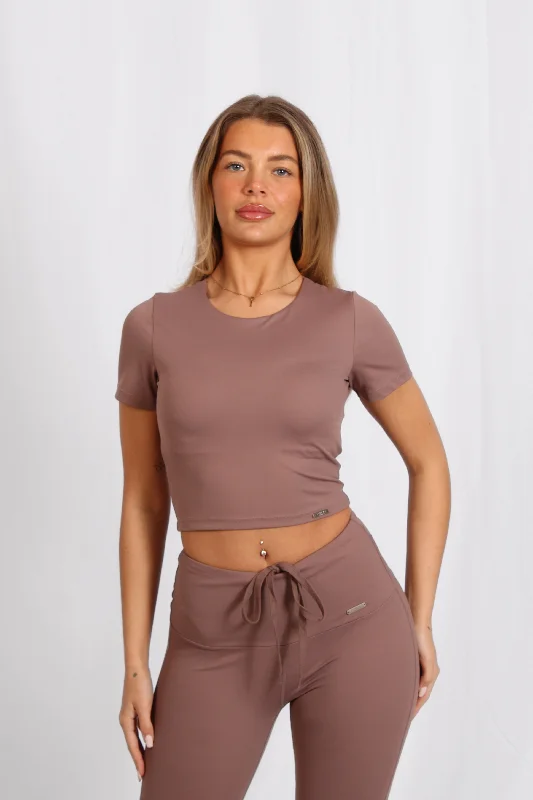 Plus - size bras designed for larger cup sizes and fuller figures Cropped Built In Bra Short Sleeved Top Mocha Plus - size bras designed for larger cup sizes and fuller figures Cropped Built In Bra Short Sleeved Top Mocha