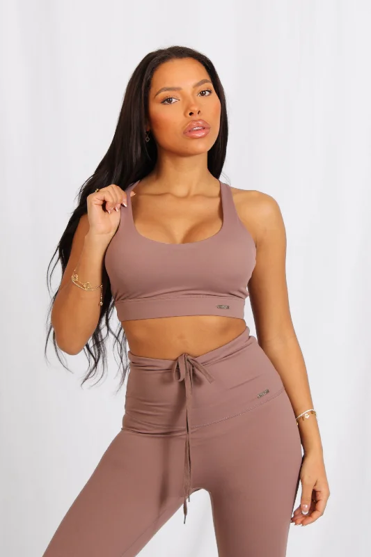 Bra with a hypoallergenic lining for sensitive skin​ Cross Back Sports Bra Mocha