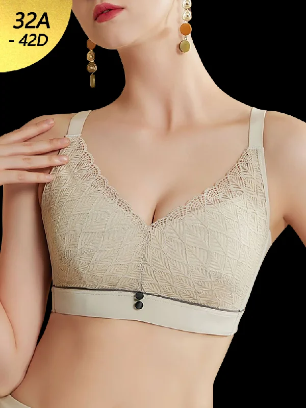 Bra with a nylon - lined cup for stretch and support Elegant Lace Deep-V Push Up Everyday Wireless Bra Bra with a nylon - lined cup for stretch and support Elegant Lace Deep-V Push Up Everyday Wireless Bra