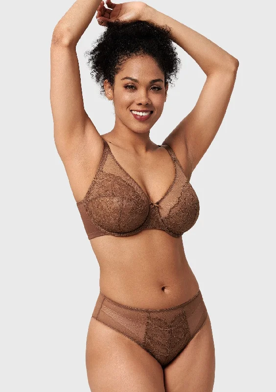 Bra with a non - padded cup for a natural feel Enchante Cocoa Brown Lace Unlined Full Coverage Underwire Bra Bra with a non - padded cup for a natural feel Enchante Cocoa Brown Lace Unlined Full Coverage Underwire Bra
