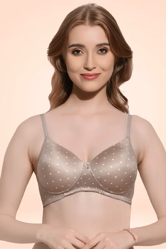 Bra with wide straps for added comfort and weight distribution FIMS Fashion Padded Non-Wired Full Cup Dotted Print bra Brown Color Bra with wide straps for added comfort and weight distribution FIMS Fashion Padded Non-Wired Full Cup Dotted Print bra Brown Color