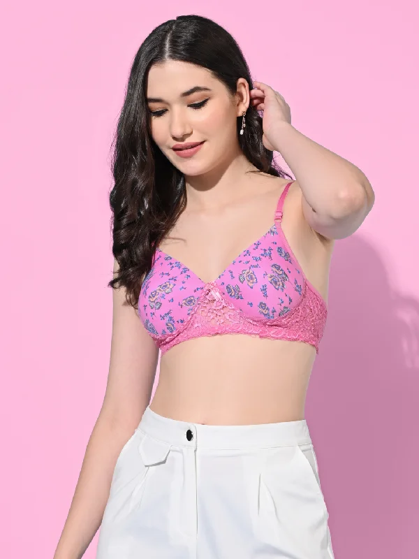 Bra with a lace - lined cup for a feminine and elegant look FIMS Fashion Women Cotton Blend Floral Print Lace Padded Bra Pack of 1 Pink Bra with a lace - lined cup for a feminine and elegant look FIMS Fashion Women Cotton Blend Floral Print Lace Padded Bra Pack of 1 Pink