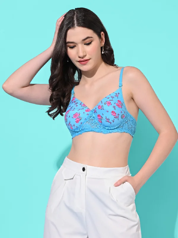 Bra with a cotton - lined cup for a natural and soft feel FIMS Fashion Women Cotton Blend Floral Print Lace Padded Bra Pack of 1 Blue Bra with a cotton - lined cup for a natural and soft feel FIMS Fashion Women Cotton Blend Floral Print Lace Padded Bra Pack of 1 Blue